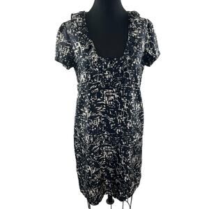 J CREW Black White Print Silk Ruffle Button Dress Size 8 Medium M FLAW